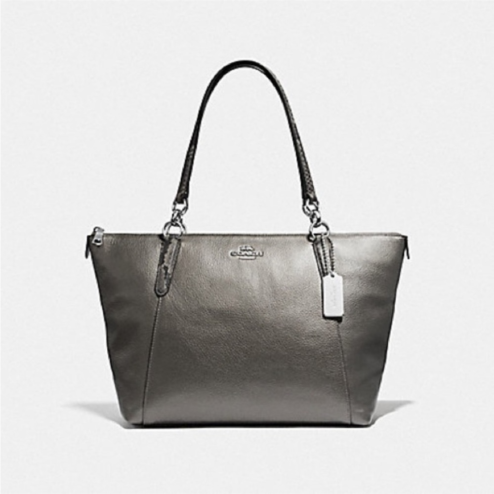 COACH Metallic Gunmetal Silver Pebble Leather Ava Tote with Python Accent